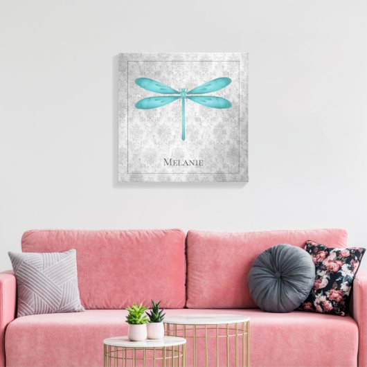 Blauwgroen Dragonfly Damask Canvas Afdruk (Insitu (Woonkamer))