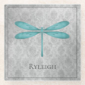 Blauwgroen Dragonfly Damask Glazen Onderzetter (Voorkant)