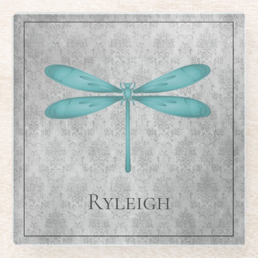 Blauwgroen Dragonfly Damask Glazen Onderzetter (Voorkant)
