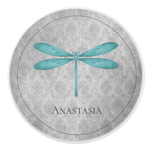 Blauwgroen Dragonfly Damask Keramische Knop (Voorkant)