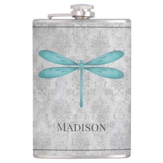 Blauwgroen dragonfly Damask-kolf Heupfles (Voorkant)