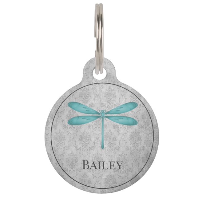 Blauwgroen dragonfly Damask Round Pet Tag Huisdierpenning (Voorkant)