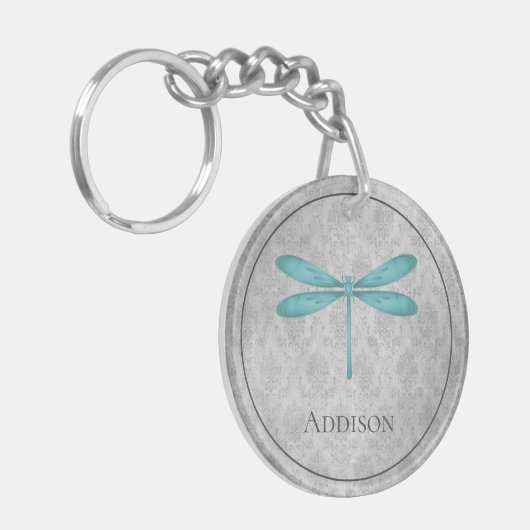 Blauwgroen Dragonfly Damask Sleutelhanger (Voorkant Links)