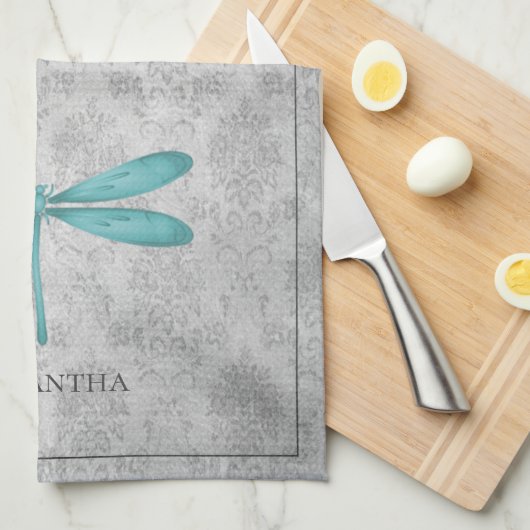 Blauwgroen Dragonfly Damask Theedoek (Quarter Fold)