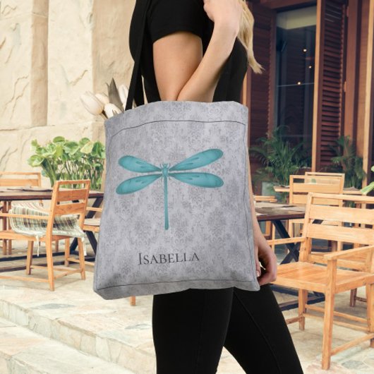 Blauwgroen Dragonfly Damask Tote Bag