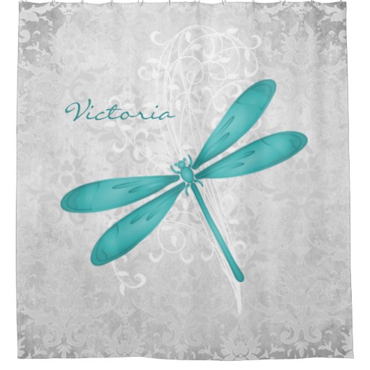 Blauwgroen Dragonfly - persoonlijk schotelgordijn Douchegordijn (Voorkant)