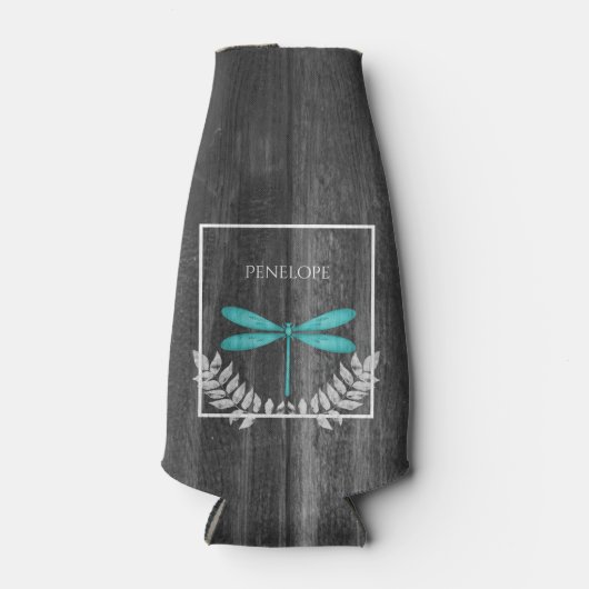 Blauwgroen Dragonfly Rustic - Aangepaste flessenko Flesjeskoeler (Voorkant)