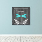Blauwgroen Dragonfly Rustic Canvas afdrukken (Insitu (Houten vloer))