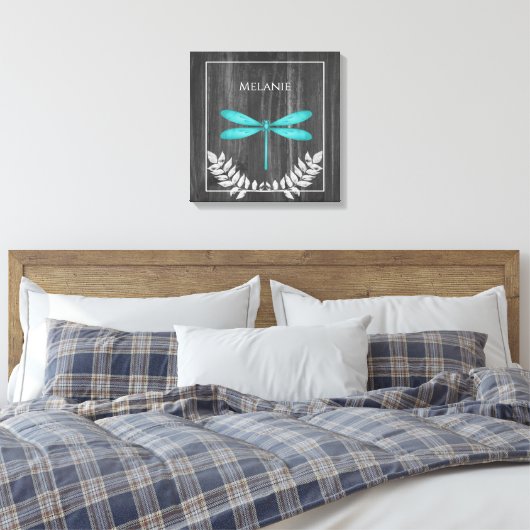 Blauwgroen Dragonfly Rustic Canvas afdrukken (Insitu (Slaapkamer))