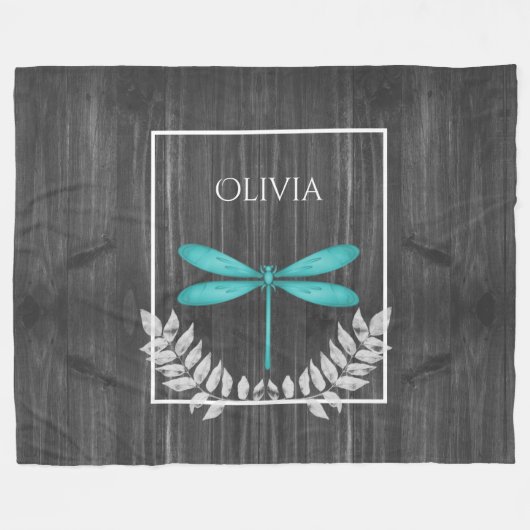 Blauwgroen Dragonfly Rustic Personalized Fleece Bl Deken (Voorkant (Horizontaal))