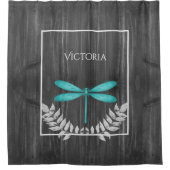 Blauwgroen Dragonfly Rustic Persoonlijk Shower Cur Douchegordijn (Voorkant)
