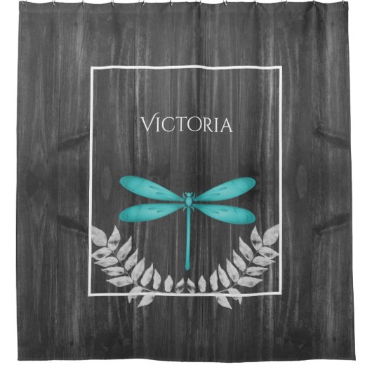 Blauwgroen Dragonfly Rustic Persoonlijk Shower Cur Douchegordijn (Voorkant)