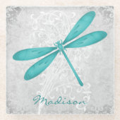 Blauwgroen Dragonfly, speciaal glas Onderzetter (Voorkant)
