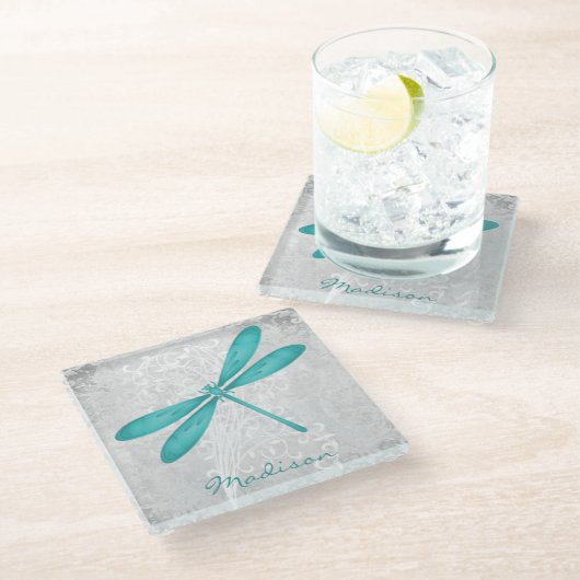 Blauwgroen Dragonfly, speciaal glas Onderzetter Glazen Onderzetter (Schuin)