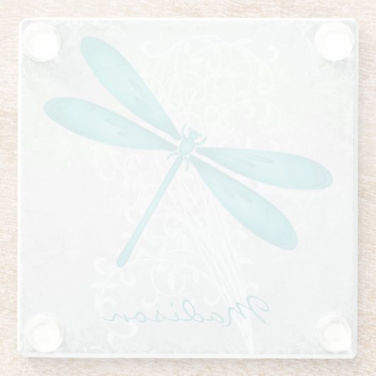 Blauwgroen Dragonfly, speciaal glas Onderzetter Glazen Onderzetter (Achterkant)