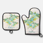 Blauwgroen Dragonfly-splaatstgenoemden gepersonali Ovenwant & Pannenlap Set (Voorkant)