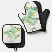 Blauwgroen Dragonfly-splaatstgenoemden gepersonali Ovenwant & Pannenlap Set (Voorkant / Achterkant)