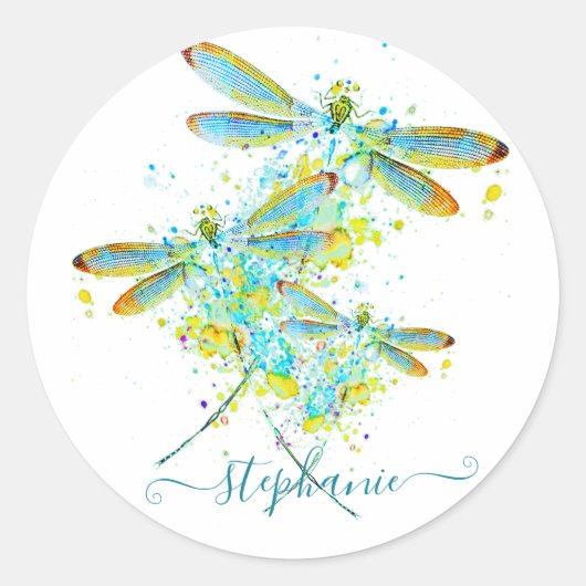 Blauwgroen Dragonfly-splaatstgenoemden gepersonali Ronde Sticker (Voorkant)