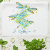 Blauwgroen Dragonfly-splaatstgenoemden gepersonali Theedoek (Gevouwen)