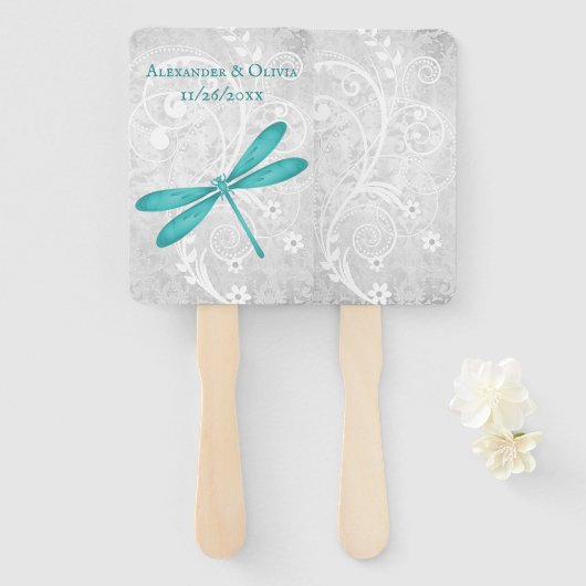 Blauwgroen Dragonfly Weddenschap voor handhand Handwaaier (Voorkant en achterkant)