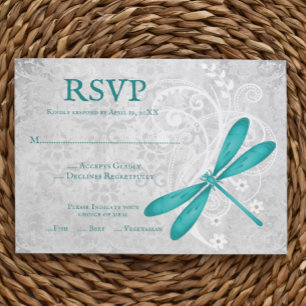 Blauwgroen Dragonfly Wedding RSVP Kaart