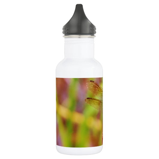 Blauwgroen dragonvlieg op rand waterfles  (Links)