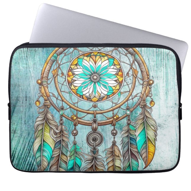 Blauwgroen Dreamcatcher Mystical Boho Feathers en  Laptop Sleeve (Voorkant)