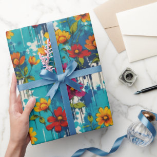 Blauwgroen Drippy Paint Edgy Floral Cadeaupapier