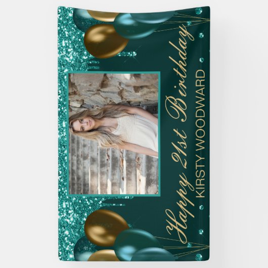 Blauwgroen druppelaar met gouden ballonnen op zate spandoek (Verticaal)