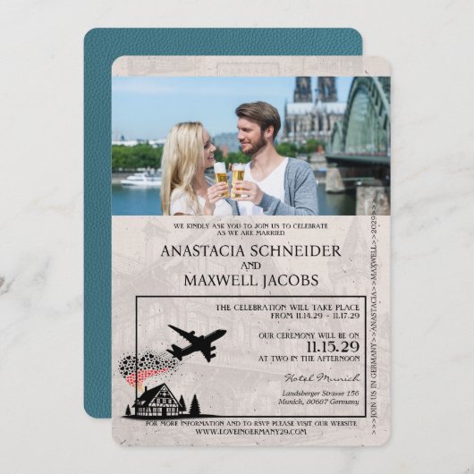 Blauwgroen Duitsland Paspoort bruiloft uitnodiging (Voorkant / Achterkant)