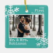 Blauwgroen Eerste Kerstmis, Mr. & Mrs Foto Keramisch Ornament (Voorkant)