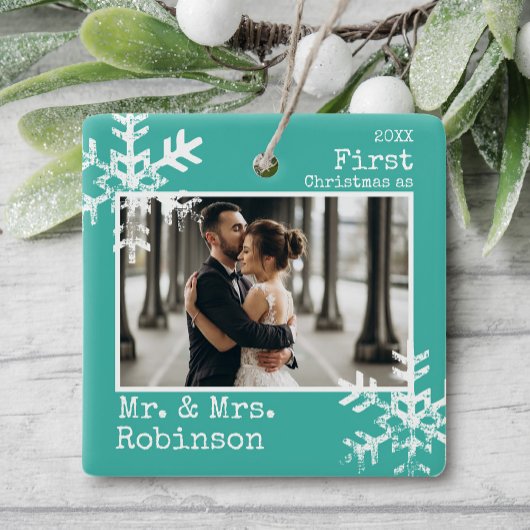 Blauwgroen Eerste Kerstmis, Mr. & Mrs Foto Keramisch Ornament