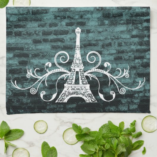 Blauwgroen Eiffel Towel Grunge Kitchen Towel Theedoek (Gevouwen)