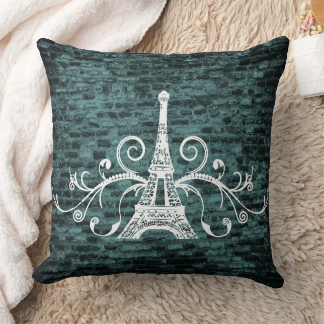 Blauwgroen Eiffel Towel Grunge Sierkussen (Deken)