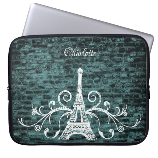 Blauwgroen Eiffel Tower Grunge-laptophoes Laptop Sleeve (Voorkant)
