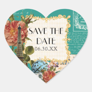 Blauwgroen  Eiffeltoren Roos Save the Date Seal Hart Sticker