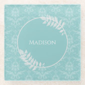 Blauwgroen Elegant Damask gepersonaliseerd Onderze Glazen Onderzetter (Voorkant)