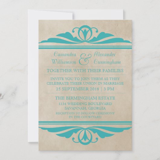 Blauwgroen Elegant Deco Wedding Invite Kaart (Voorkant)