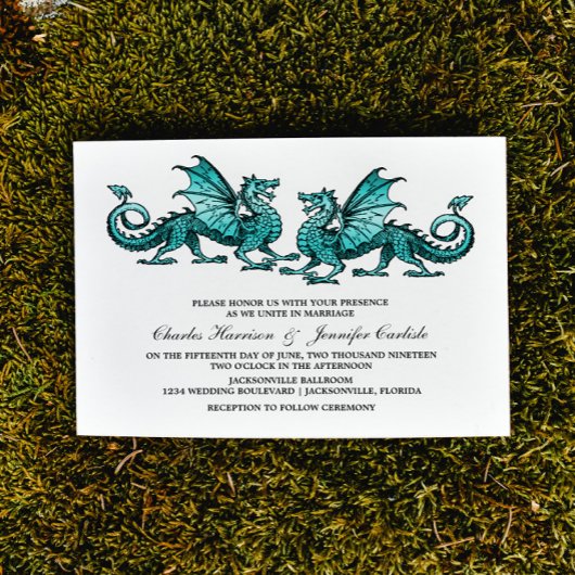 Blauwgroen Elegant Dragon Wedding Invite Kaart