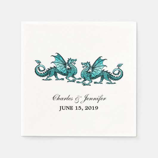 Blauwgroen Elegant Dragons Wedding Paper Napkins Servetten (Voorkant)