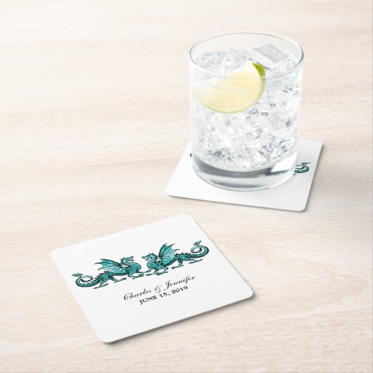Blauwgroen Elegant Dragons Wedding Paper Onderzett Kartonnen Onderzetters (Insitu)