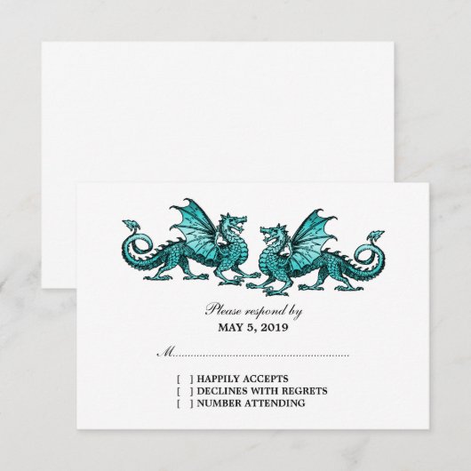 Blauwgroen Elegant Dragons Wedding Response Kaart (Voorkant / Achterkant)