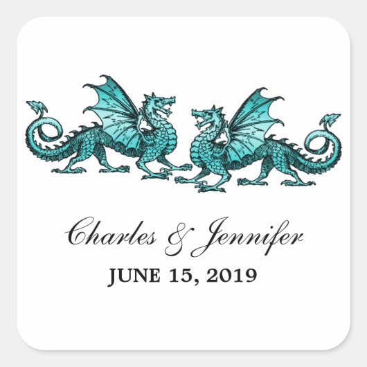 Blauwgroen Elegant Dragons Wedding Stickers (Voorkant)