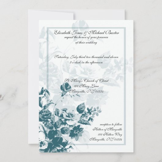 Blauwgroen Elegant Flower Wedding Invitations Kaart (Voorkant)
