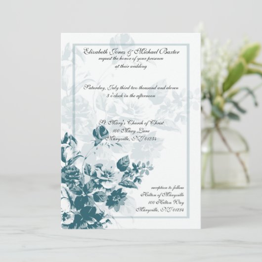 Blauwgroen Elegant Flower Wedding Invitations Kaart (Staand voorkant)