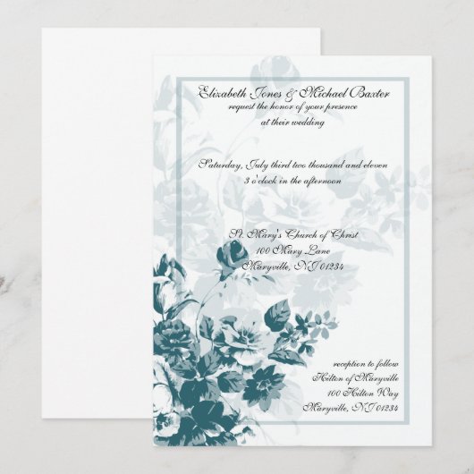 Blauwgroen Elegant Flower Wedding Invitations Kaart (Voorkant / Achterkant)