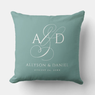 Blauwgroen Elegant Initiaal Script Monogram Bruilo Kussen