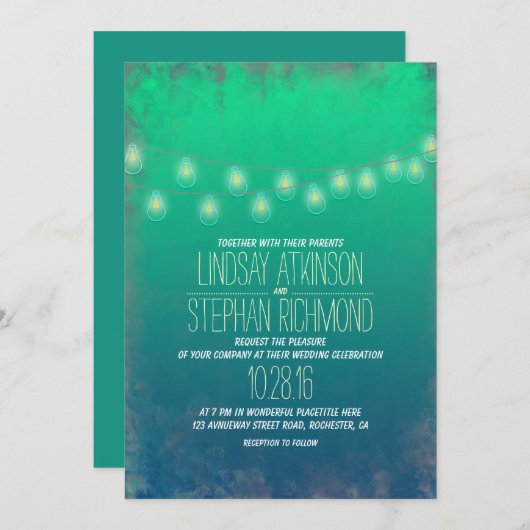 Blauwgroen Elegant String Lights Huwelijksuitnodig Kaart (Voorkant / Achterkant)