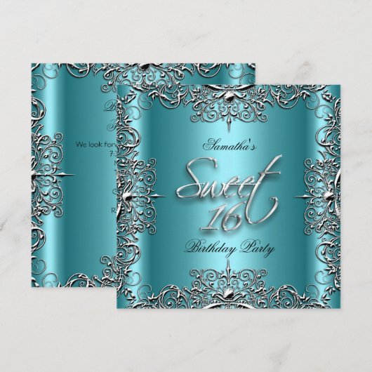 Blauwgroen Elegant Sweet Sixteen Sweet 16 Party Wh Kaart (Voorkant / Achterkant)