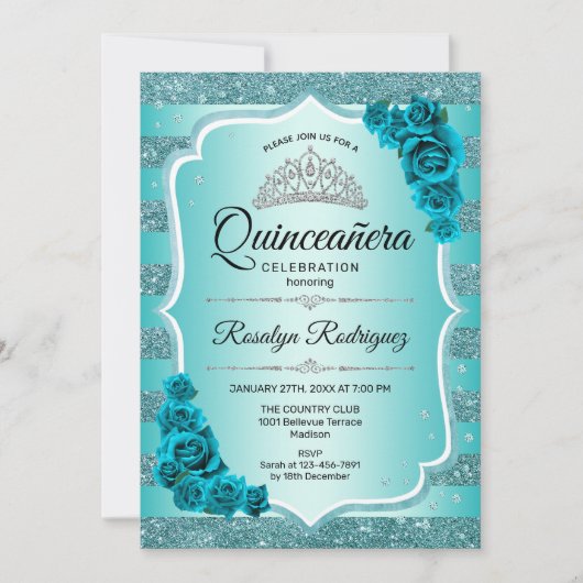 Blauwgroen Elegante Bloemen Quinceanera Uitnodigin Kaart (Voorkant)